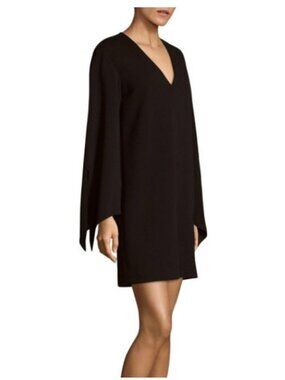 Tibi Dress Womens 6 Black Long Slit Sleeve V Neck Shift Mini Exposed Zip